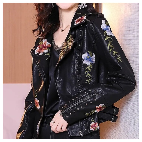 Soft Vegan Leather Embroidery Jacket - Picture 2 of 13